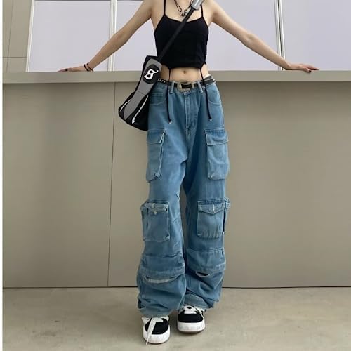 BXCNCKD Calça cargo feminina folgada Y2K roupas jeans com vários