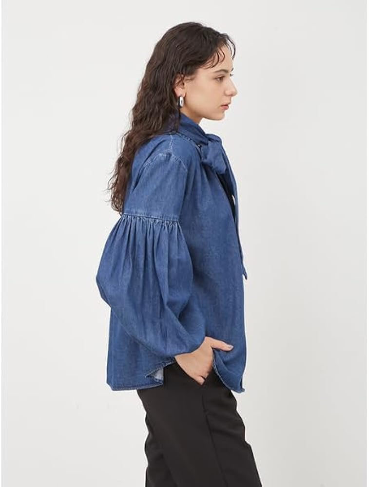 Amazon | [ミラオーウェン] ボウタイ付き袖ボリュームデニムブラウス