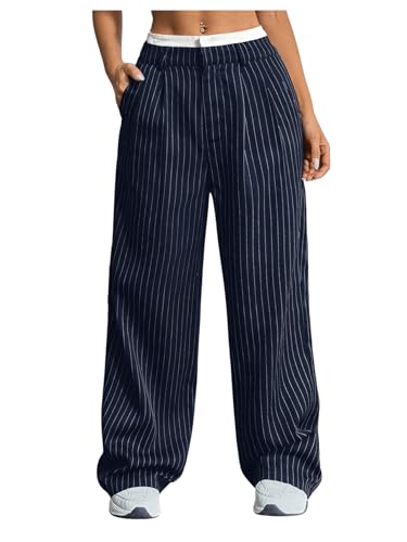 SOLY HUX Women's Striped Pants Color Block High Waisted Wide Leg