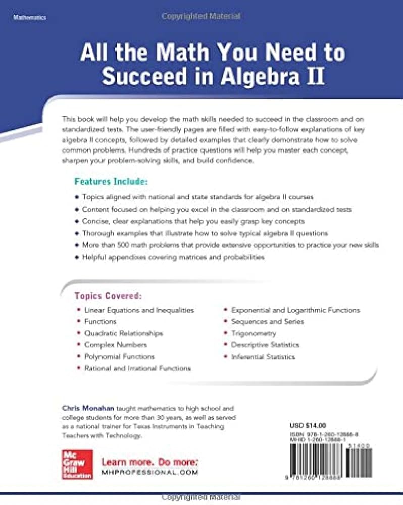 McGraw-Hill Education Algebra II Review and Workbook: Monahan
