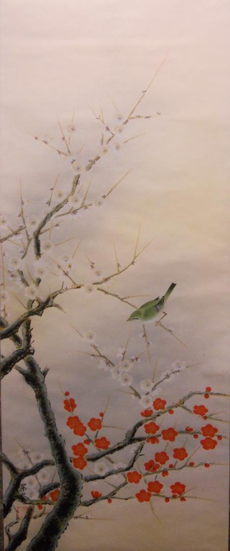 掛け軸 渓月 梅に鶯 絹本 希少 軸装 茶道具 掛軸 美品 です。 掛け軸