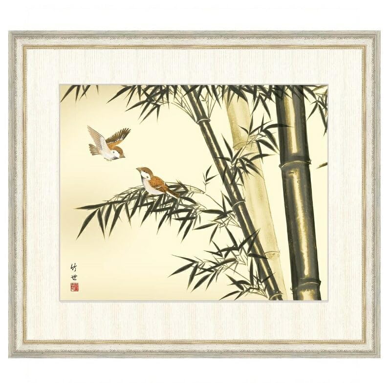 Amazon.co.jp: 日本画 田村竹世 竹に雀（たけにすずめ） F8 花鳥画 年