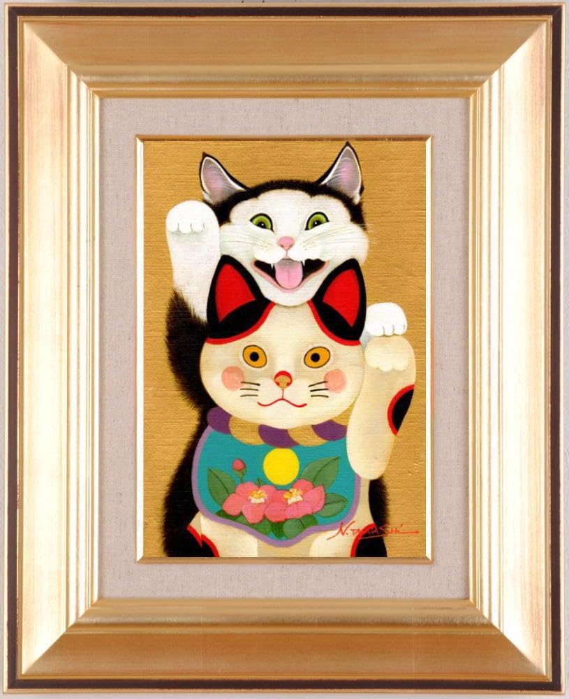 油絵 菅家令子絵 絵画インテリア額付(青緑＋金色の枠)F4-030119子猫