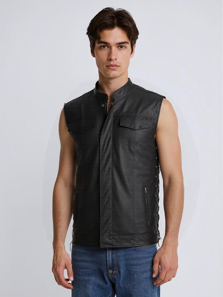 Idopy Men`s Faux Leather Vest Adjustable Lace Up Sides Motorcycle