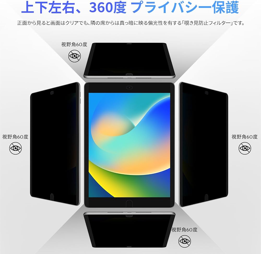 Amazon | 360度 マグネット式 覗き見防止フィルム iPad 9th 8th 7th