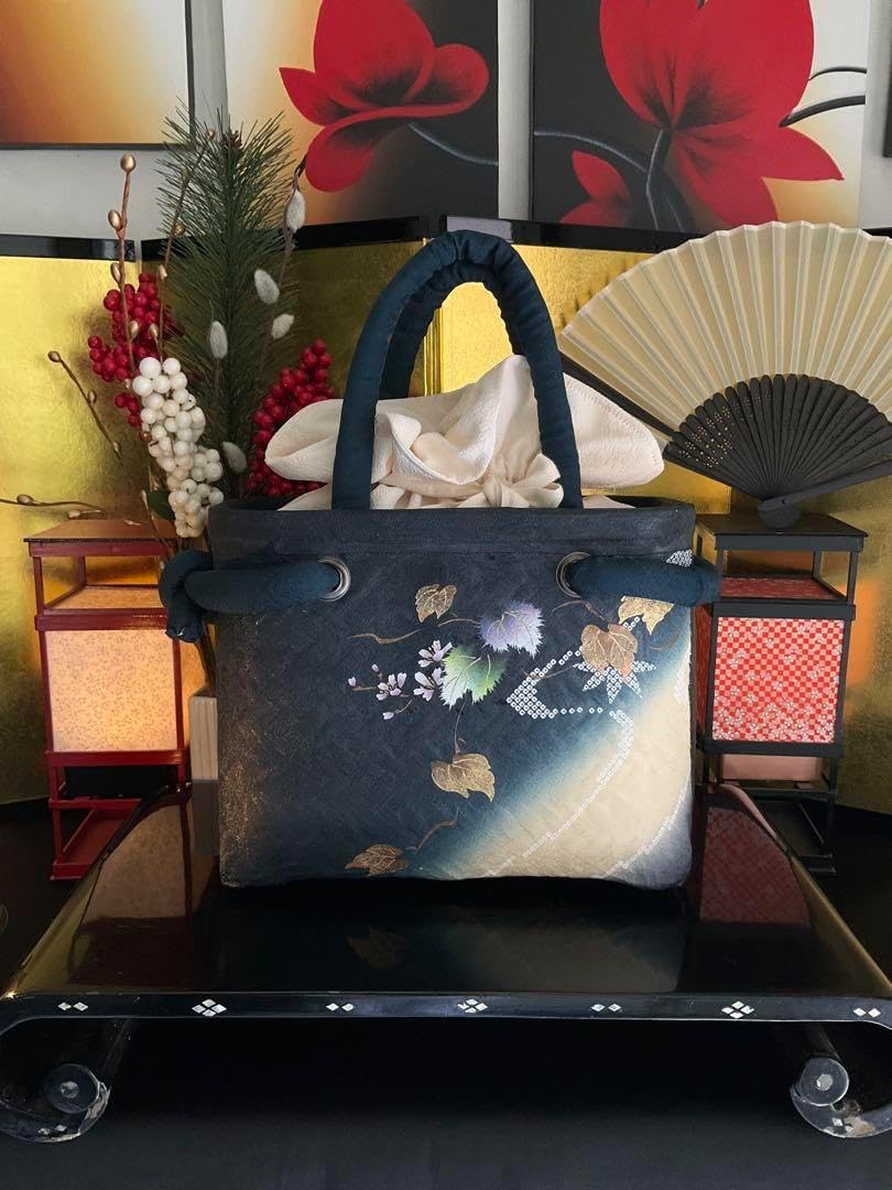 一閑張り 一閑張りバッグ 古文書 和紙 花絵柄 大正 着物 梅 京友禅 牡丹 菊