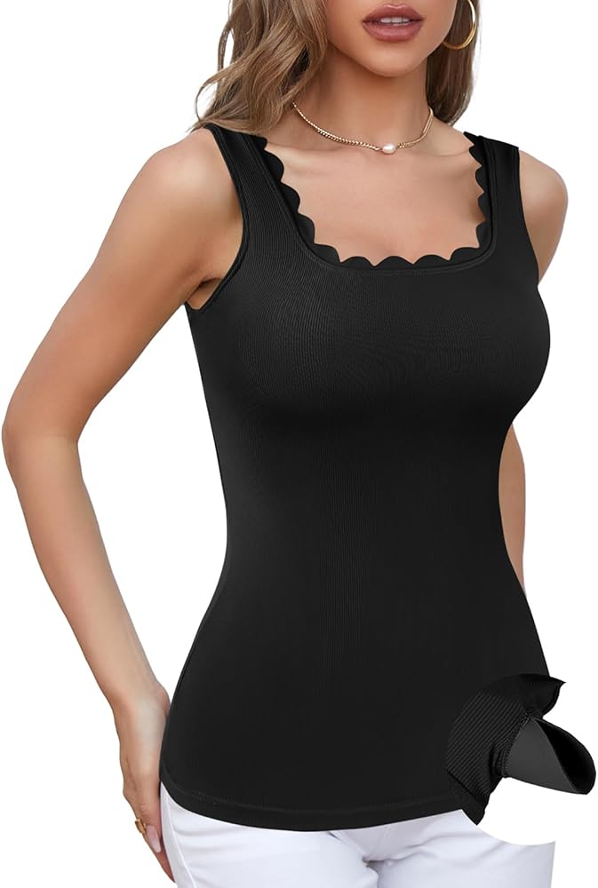 V FOR CITY Women Square Neck Tank Tops with Built in Bras Scallop