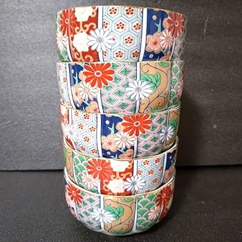 Amazon.co.jp: 有田焼 陶扇 中鉢5点セット 5枚 菊割皿 錦絵 赤絵 金彩