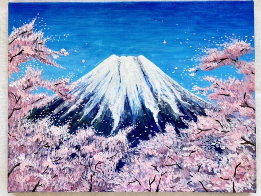 Amazon.co.jp: 花の絵 風景画 桜 富士山 アクリル画 原画 桜吹雪の