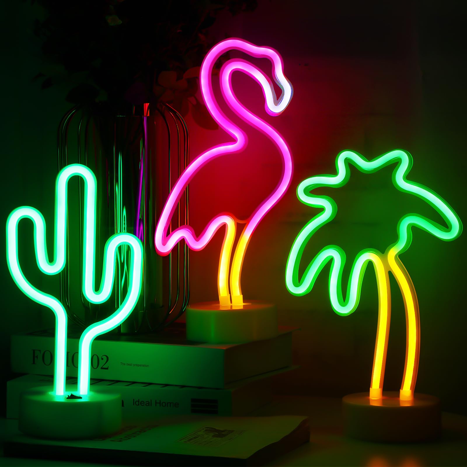 Amazon.co.jp: Liliful ネオンサイン ピンク フラミンゴ サボテン ヤシ