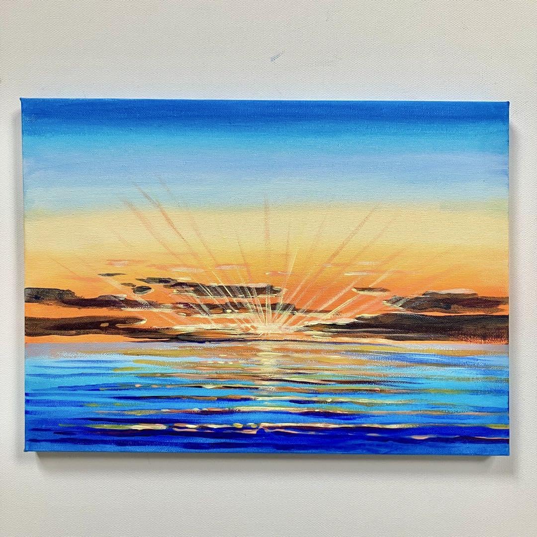Amazon.co.jp: sunset＊4号キャンバス 絵画 原画 風景画 海 空 朝日