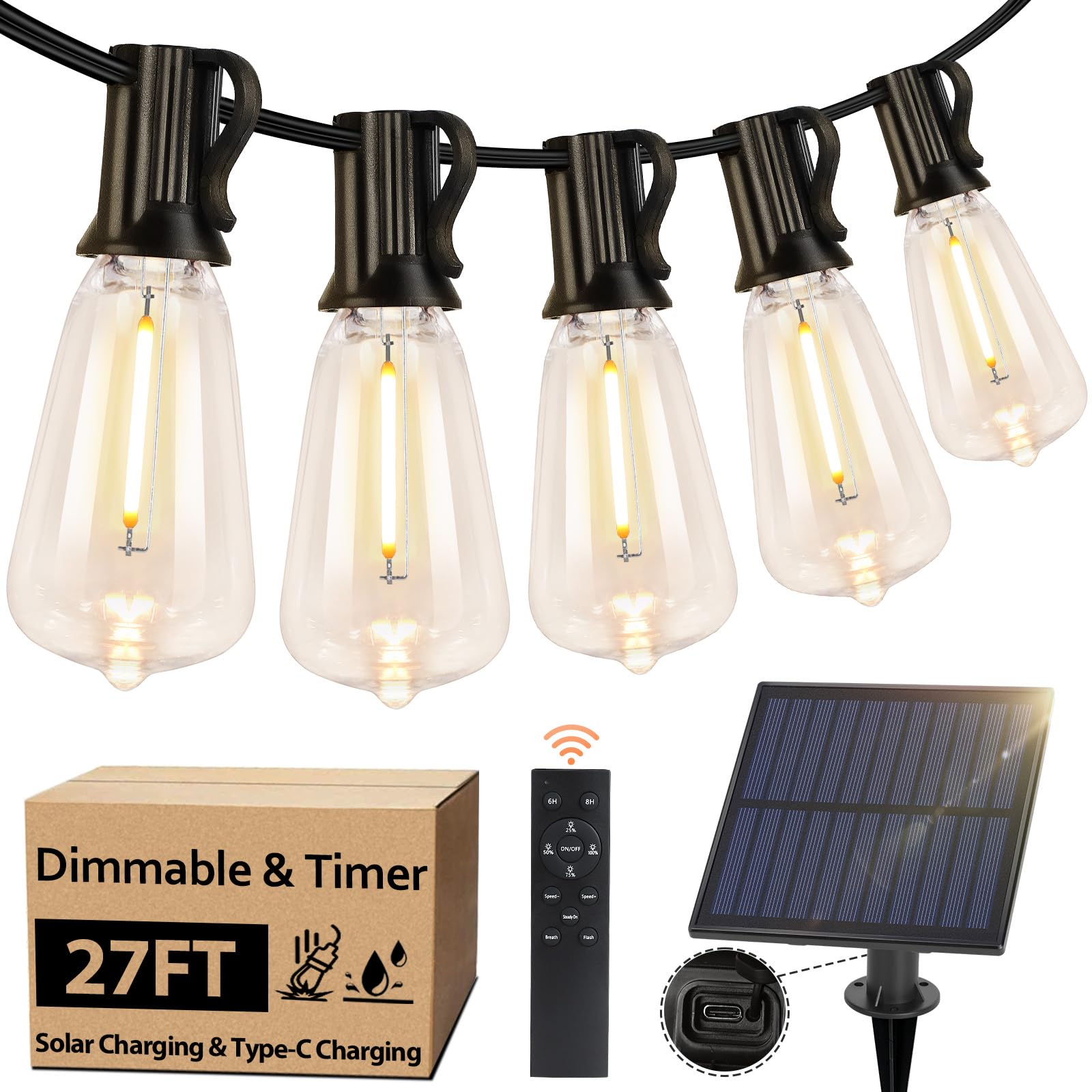 Bosceos Solar String Lights Outdoor with Remote, 27FT Solar