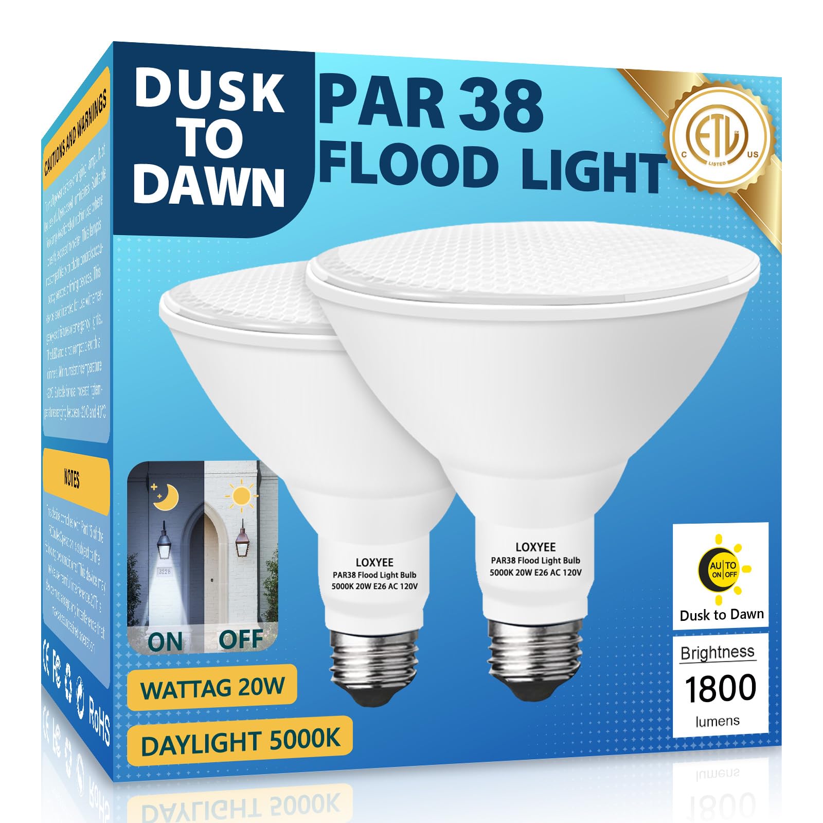 LOXYEE 2 Pack LED PAR38 Dusk to Dawn Flood Light Bulbs Outdoor