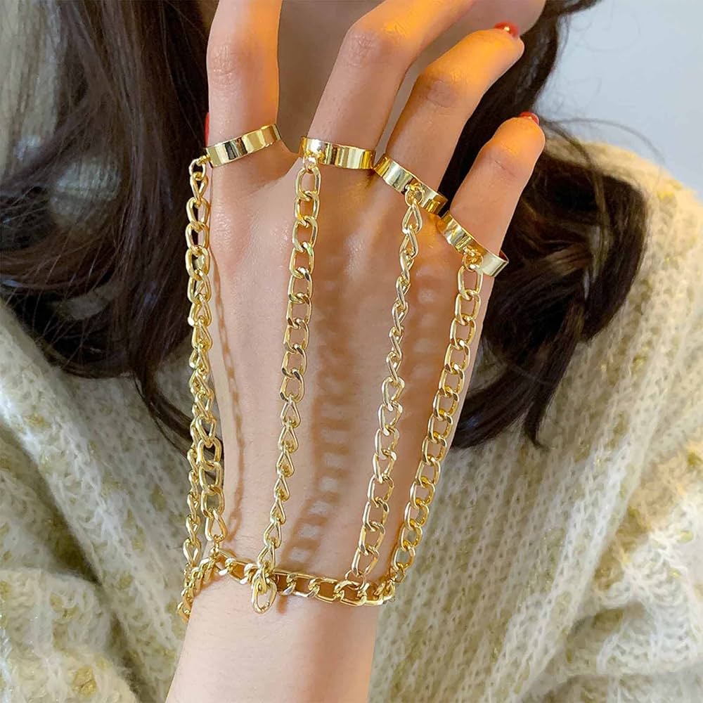 Yienate Punk Bracelet Finger Chain Gold Harness Bracelet 5 Open