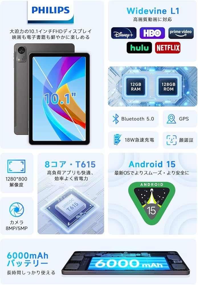 Amazon.co.jp: PHILIPS Android15 タブレット 10インチ wi-fiモデル 8