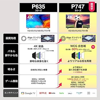Amazon | TCL テレビ 43V型 Wチューナー内蔵 ネット動画 4K 広色域
