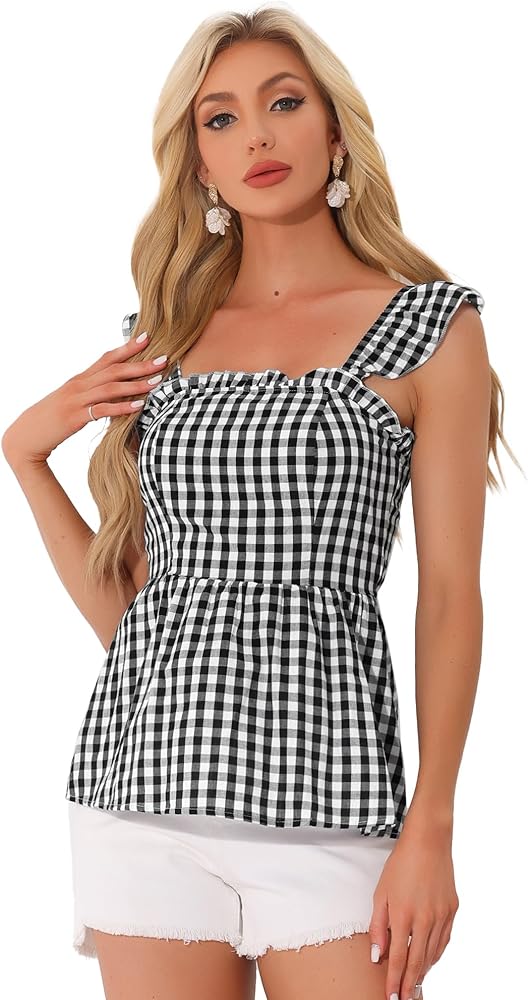 Allegra K Gingham Peplum Top for Women Halloween Summer Square