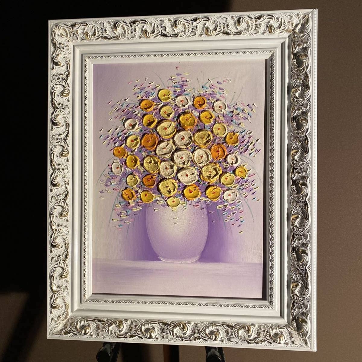 Amazon.co.jp: 秀作 手書き油絵 立体花瓶の花 額付 絵画 インテリア