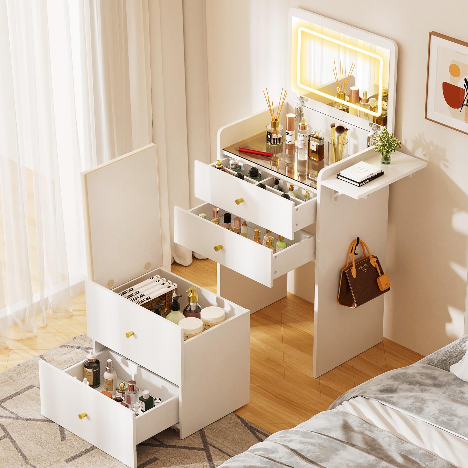 3 色 LED ライトと多機能収納を備えたコンパクトな白い化粧台。 Amazon
