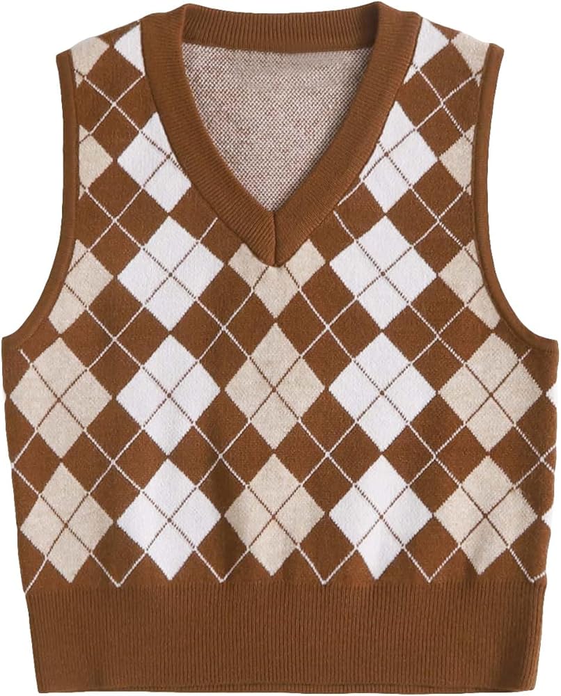 Floerns Women's V Neck Argyle Pattern Sleeveless Sweater Vest