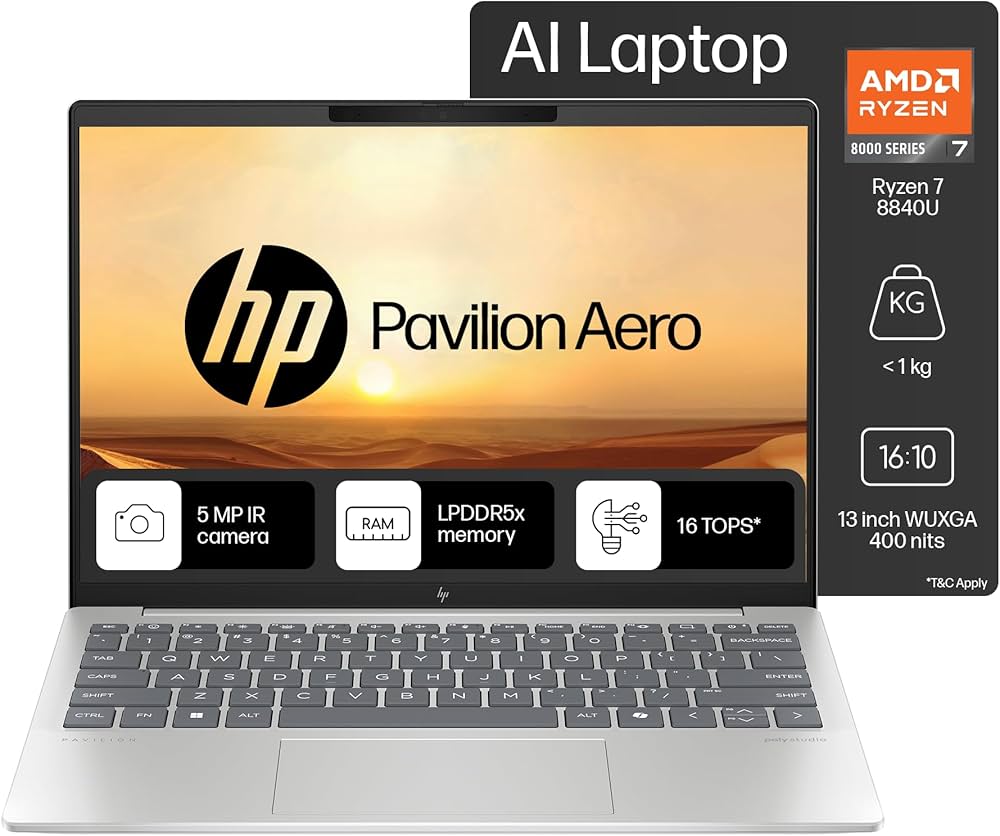 HP Pavilion Aero, AMD Ryzen 7-8840U AI Laptop, 16 Tops (16GB RAM