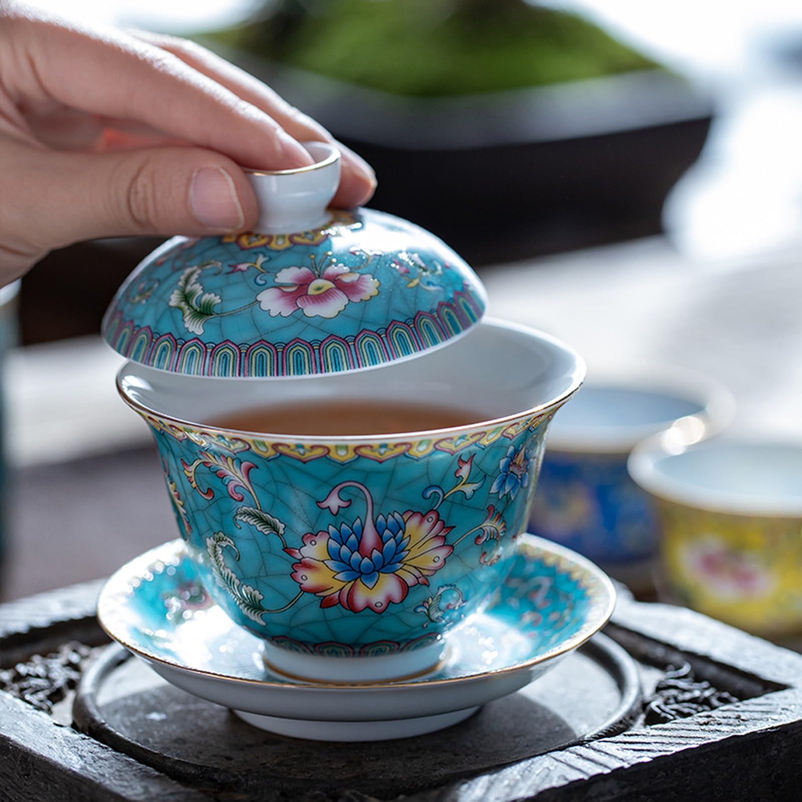 Amazon.co.jp: 中国伝統茶器カンフー茶碗蓋とソーサー付き、伝統三彩
