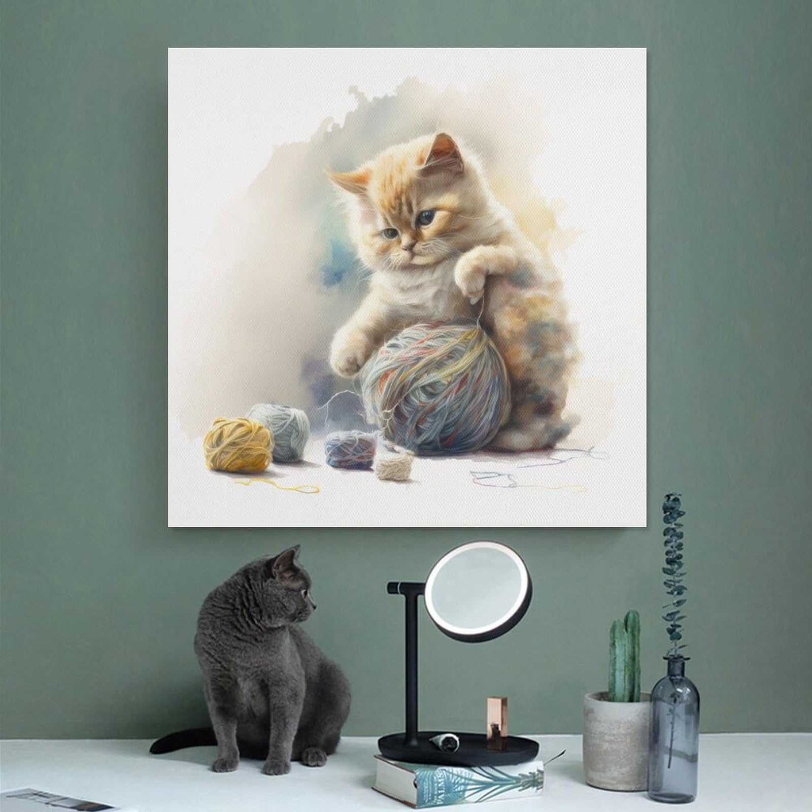 Amazon.co.jp: 絵画 オレンジ色の猫が毛糸玉で遊んでいますインテリア