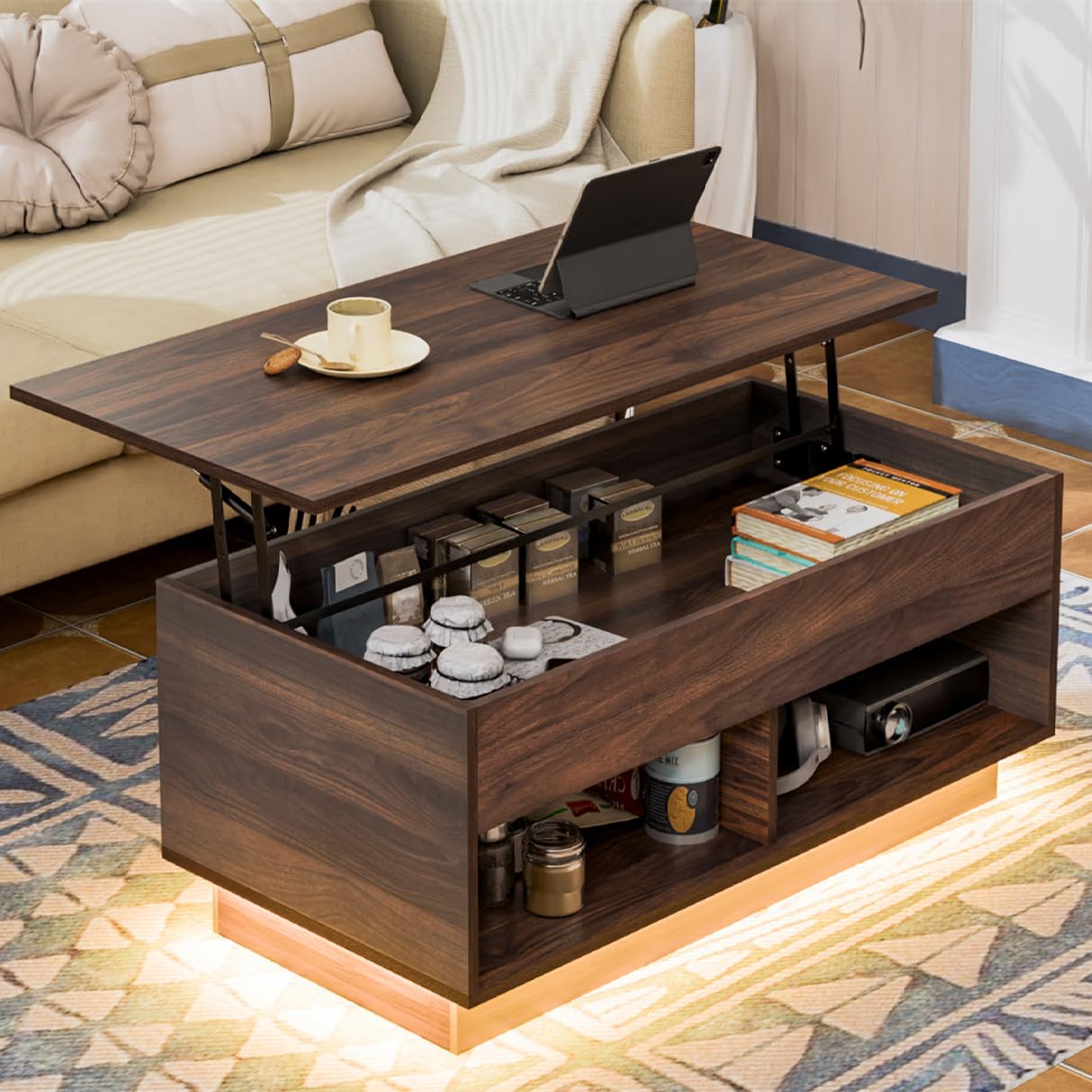 Amazon.com: HOMMPA Lift Top Coffee Table with LED Light, Modern