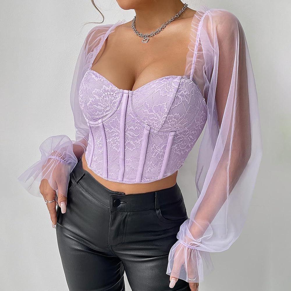 Amazon.com: Women's Sexy Mesh Sheer Long Sleeve Corset Crop Tops