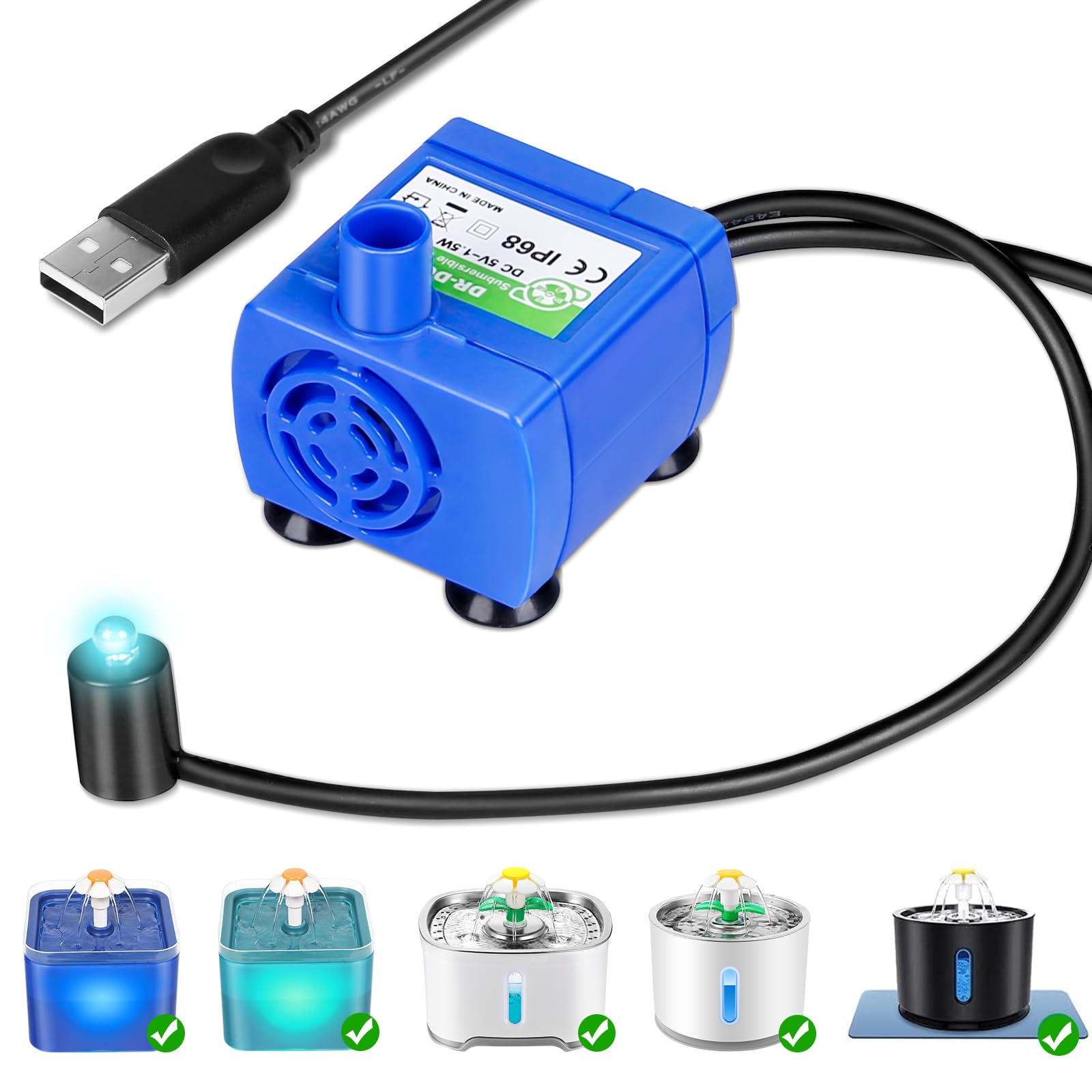 Vindox Pompe de Fontaine à Chat DR-DC160 Avec Lumière LED et Câble