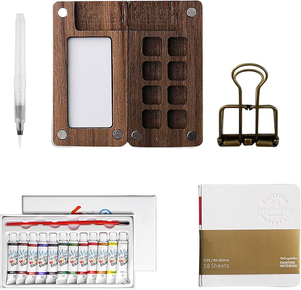Amazon | Pocketartist水彩トラベルセット、ミニ水彩絵の具セット木製