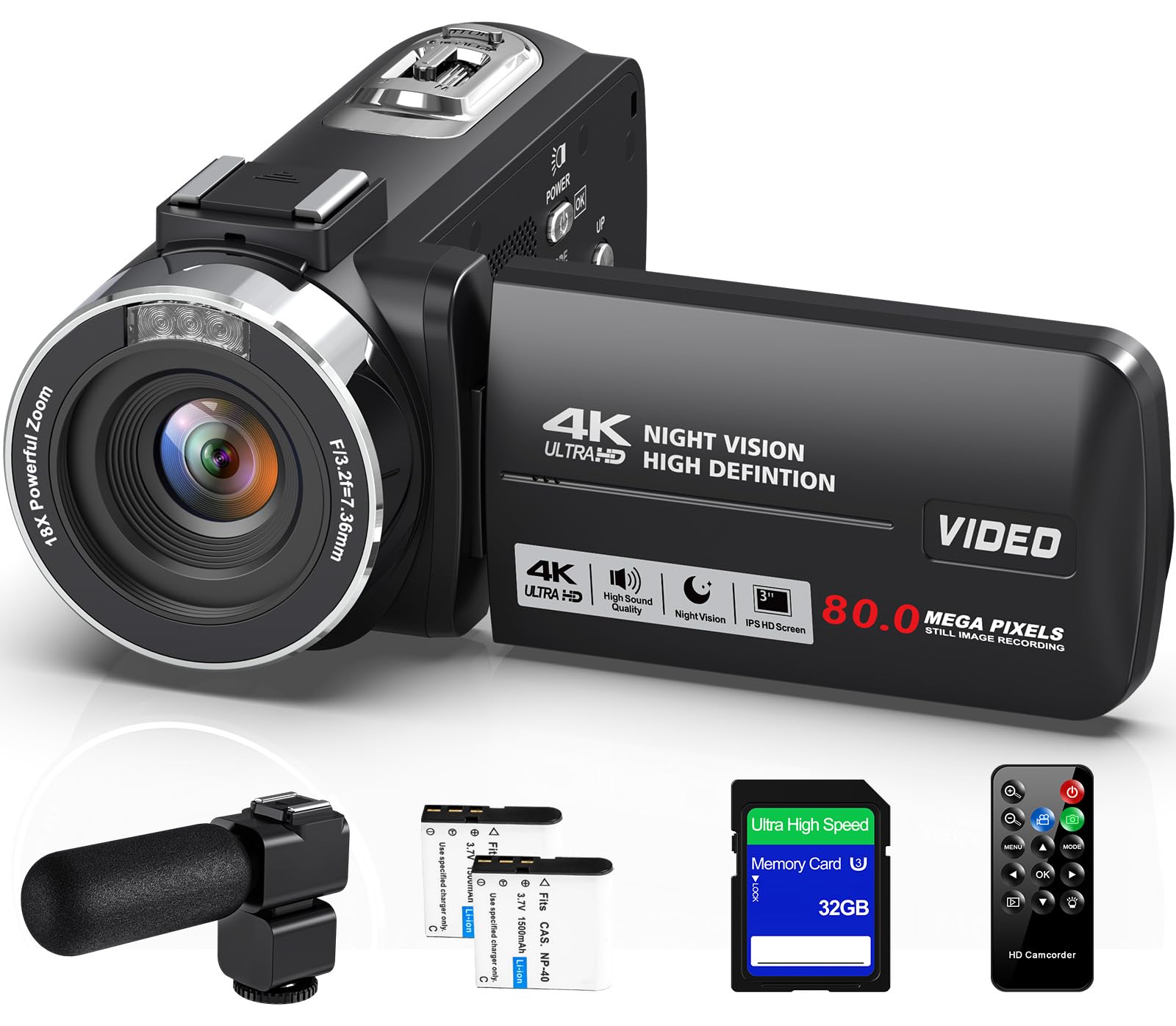 Amazon | ビデオカメラ 4K録画 8000万画素 Vlogging カメラ 3.0