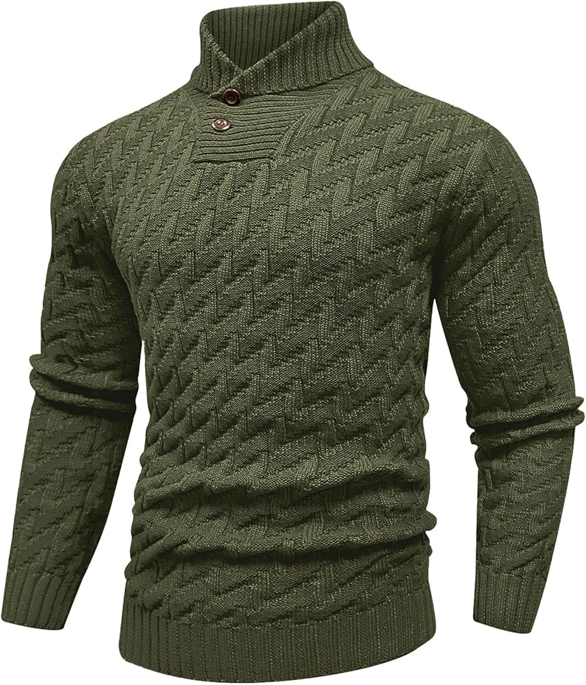 KAVIANA Men's Dressy Cable-Knit Sweater Buttoned Mock Neck