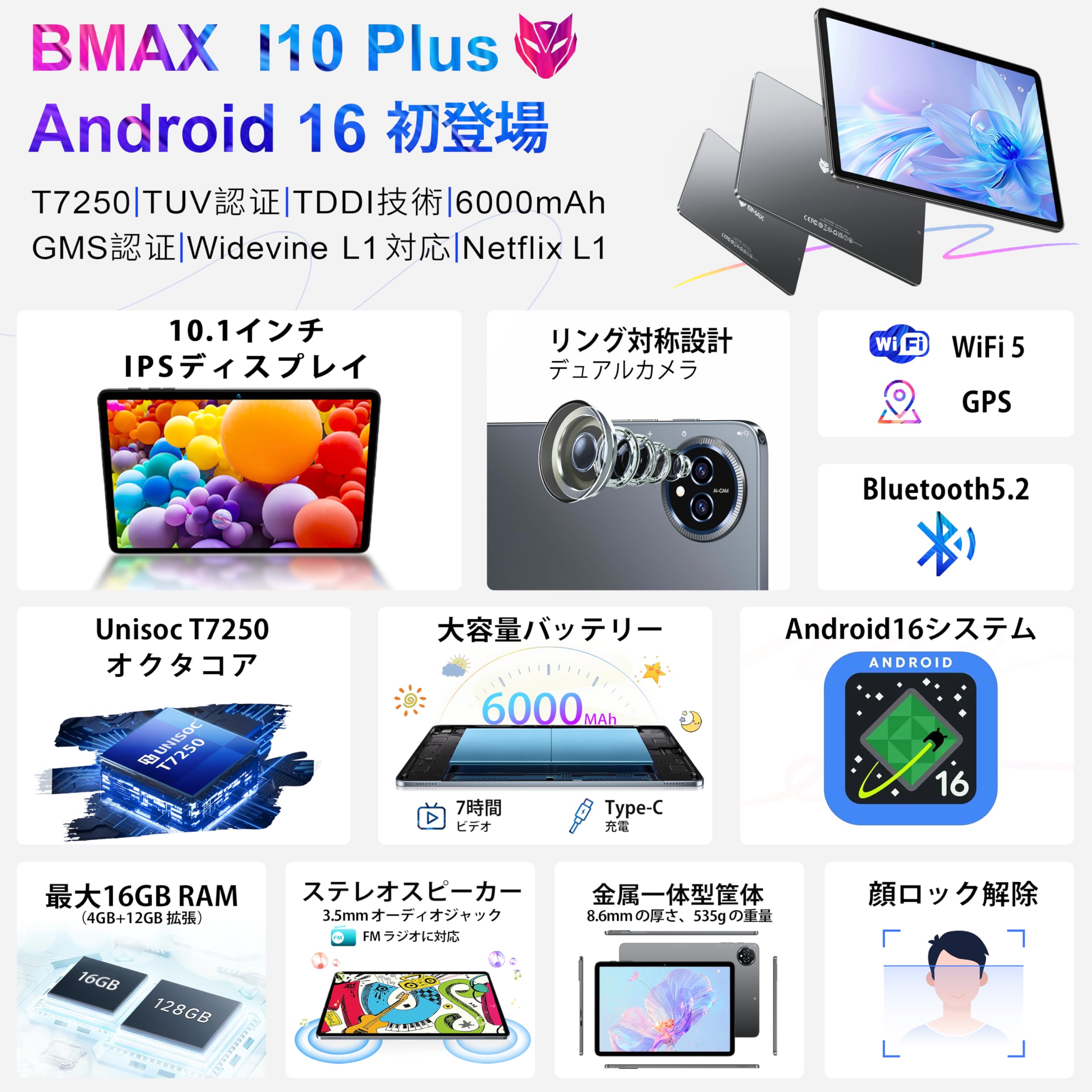 Amazon.co.jp: Bmax I10 plus android16 タブレット 、10インチ IPS