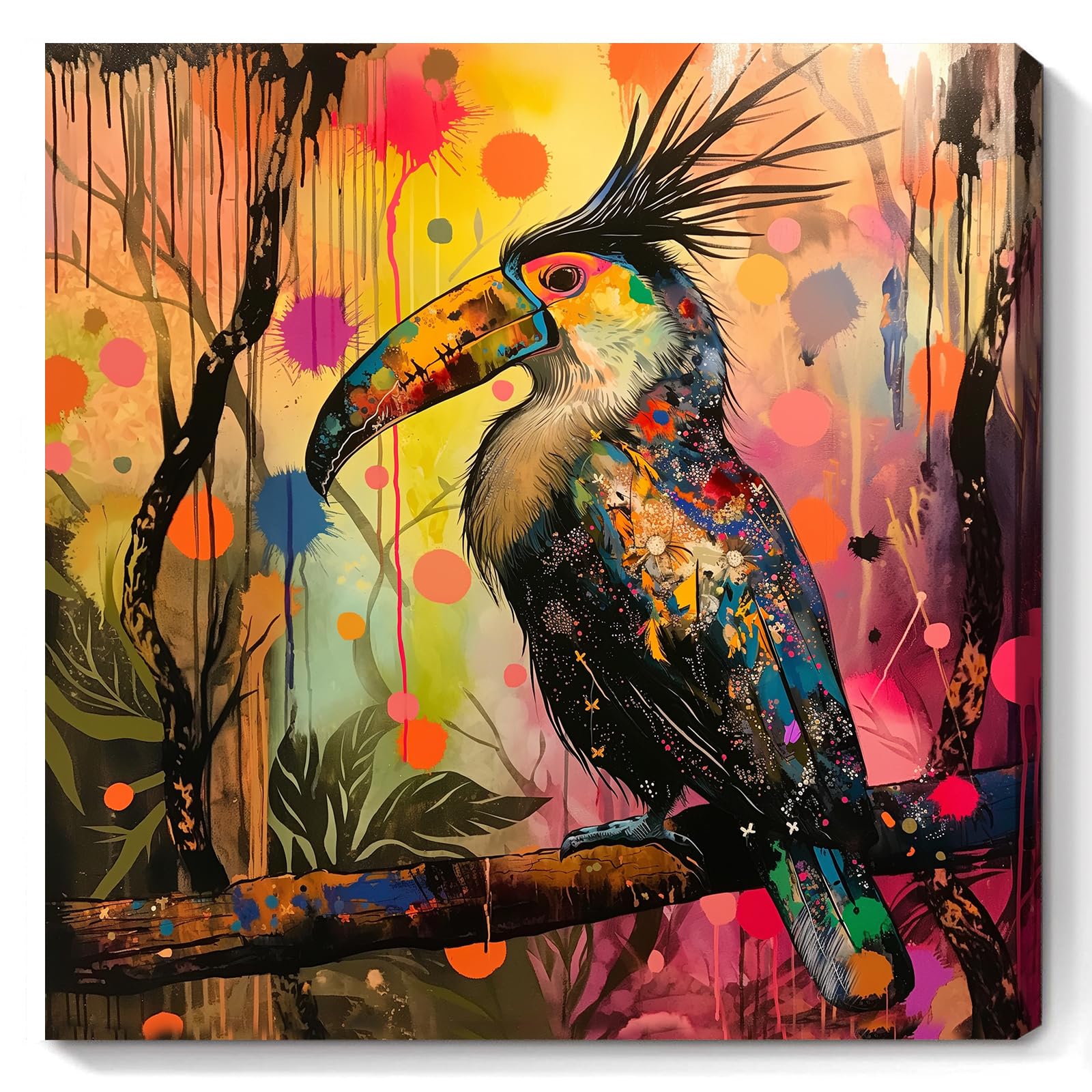 Amazon.co.jp: カラフルな鳥のキャンバスウォールアート抽象動物