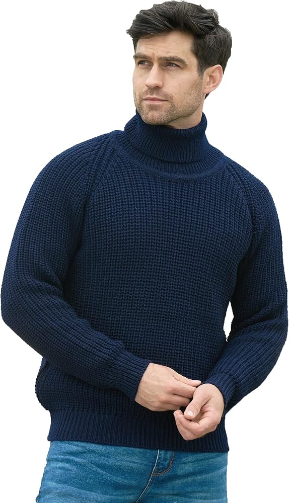 Aran Crafts Men's Irish Cable Knitted Wool Rib Roll Neck Sweater