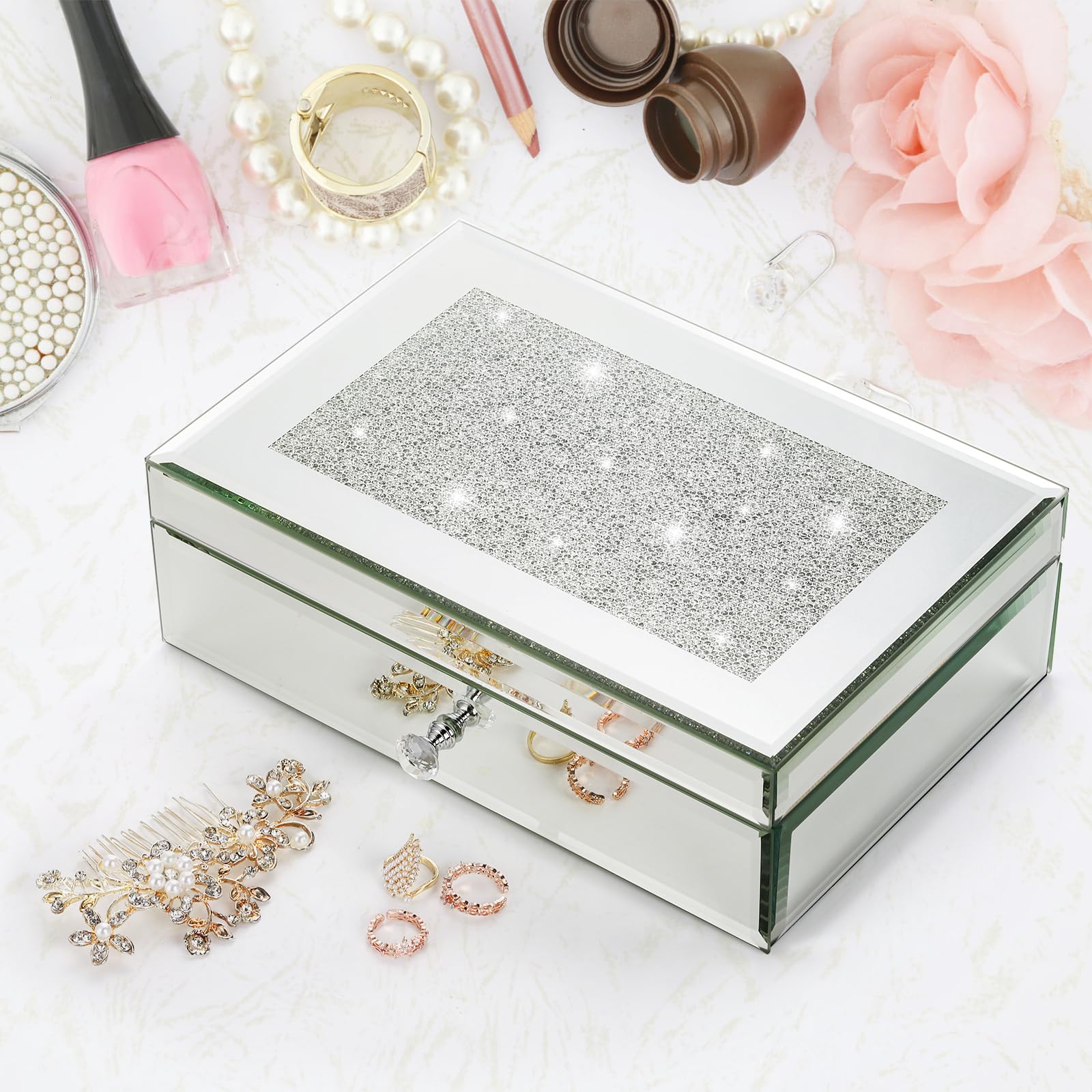 Amazon｜Lyellfeガラスジュエリーボックス、シルバーミラーバニティ