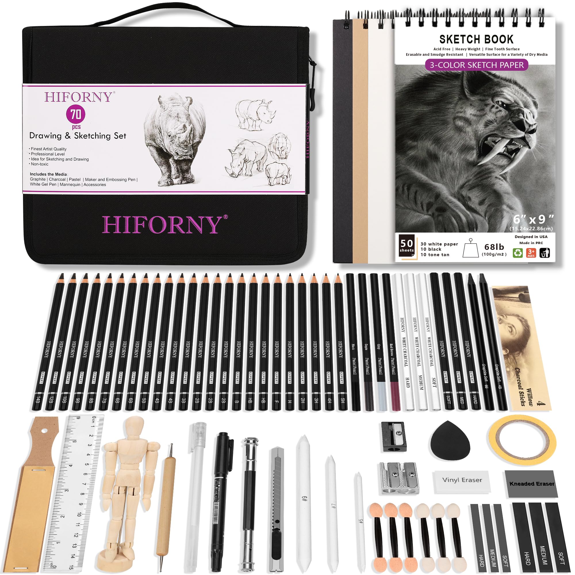 HIFORNY 70 Pcs Drawing Set Sketching Kit - Sketch Pencils Art