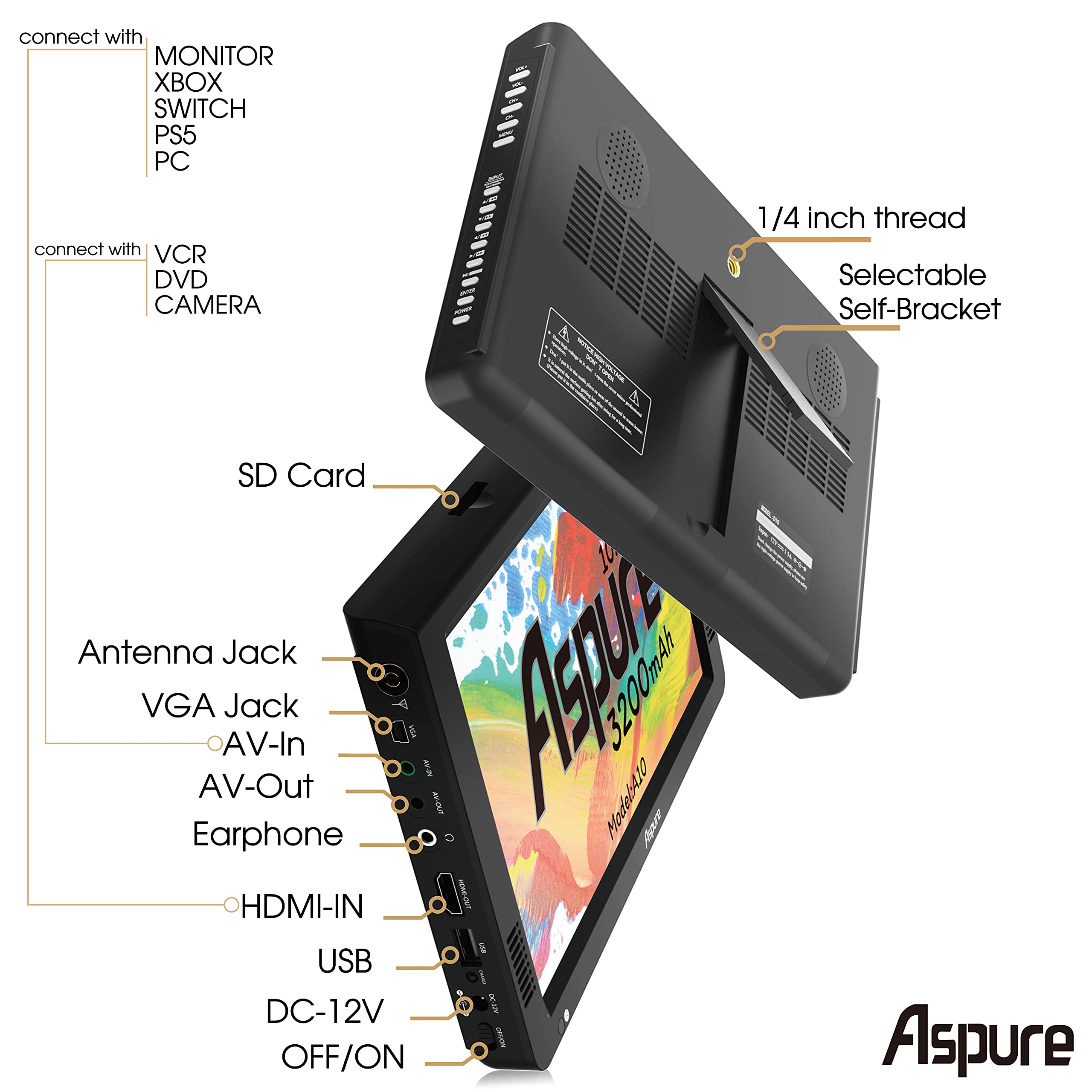 Amazon | LEADSTAR Aspure 10インチ ポータブルデジタルテレビ ATSC