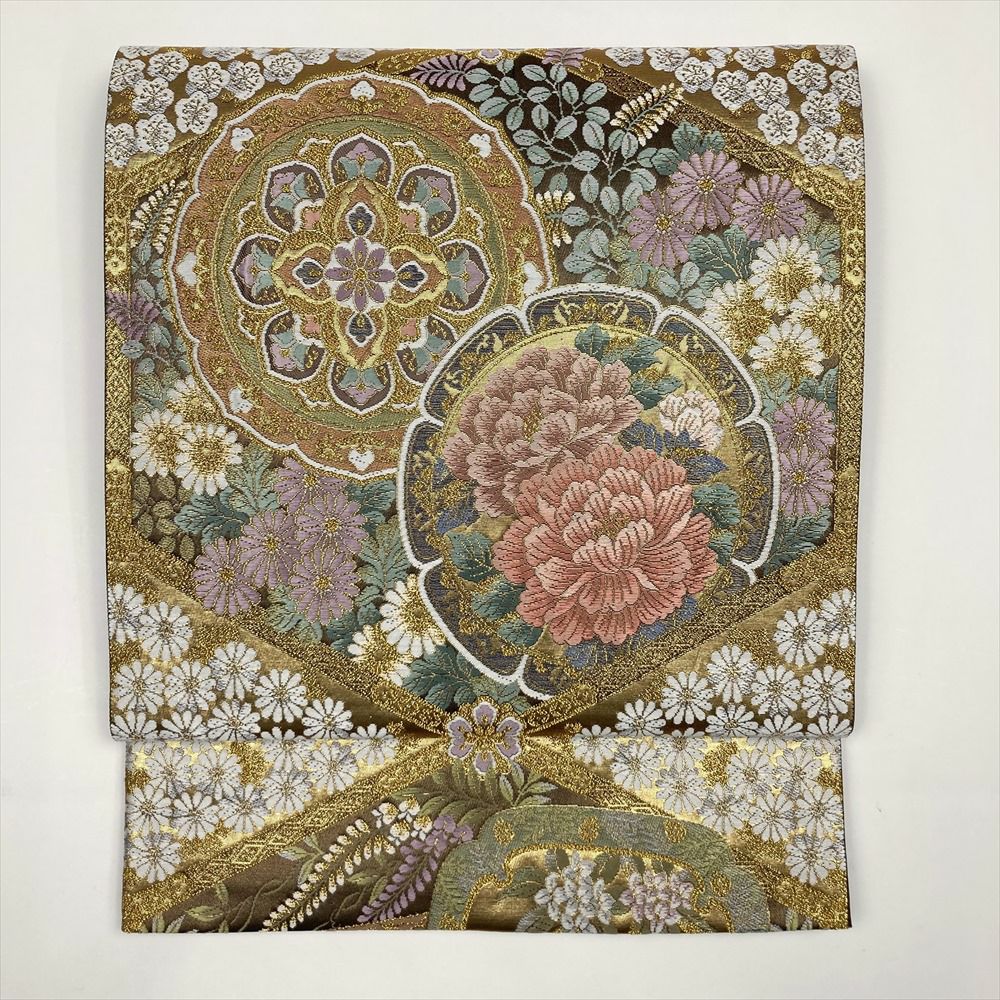 中古）袋帯 金 茶 フォーマル セミフォーマル 六通 金糸 色糸 格天井