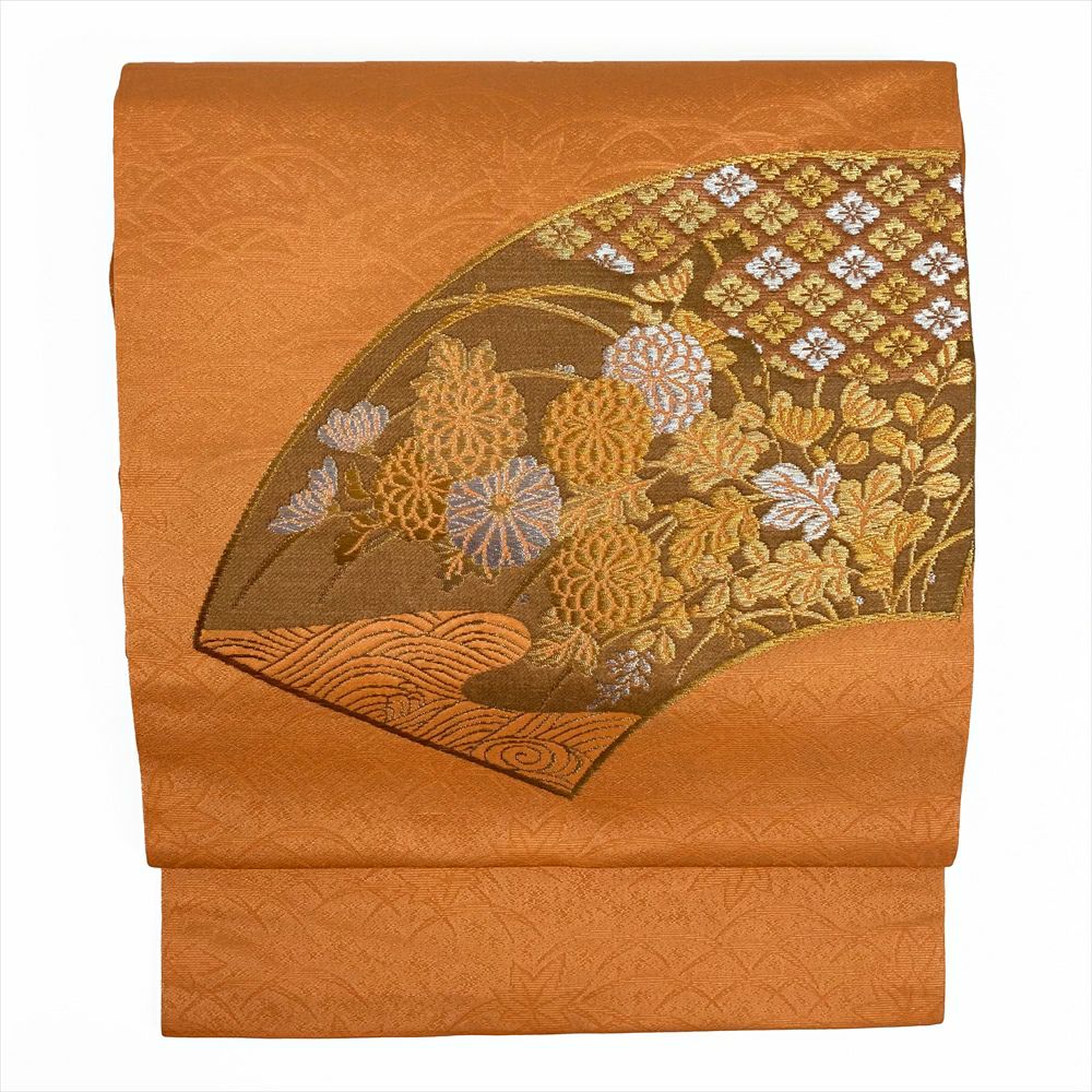 中古）九寸名古屋帯 オレンジ地 名古屋仕立て 金銀糸 扇面 菊