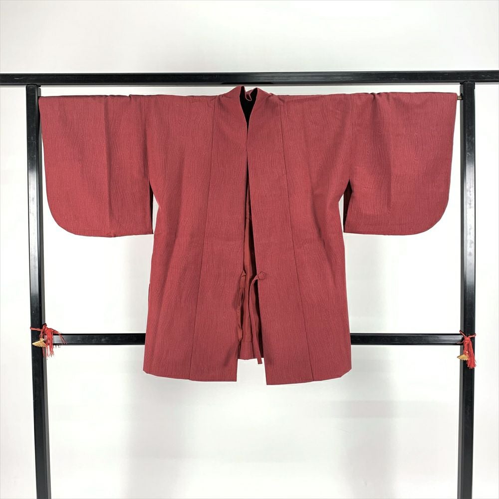 中古）羽織 赤 袷 鹿の子絞り 草花 未洗い【身丈】80cm【裄丈】68.5cm
