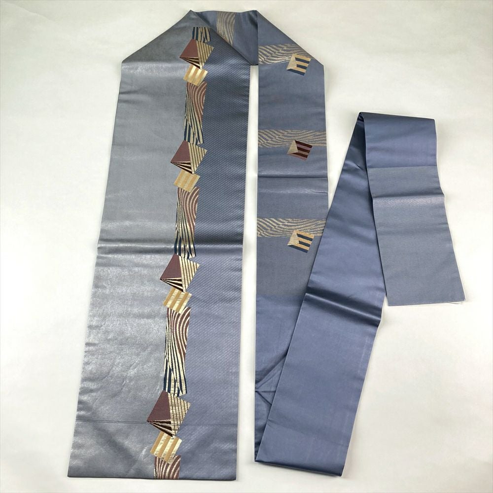 中古）名古屋帯 薄花桜色 水色 カジュアル 名古屋仕立て 引き箔 抽象柄 絹