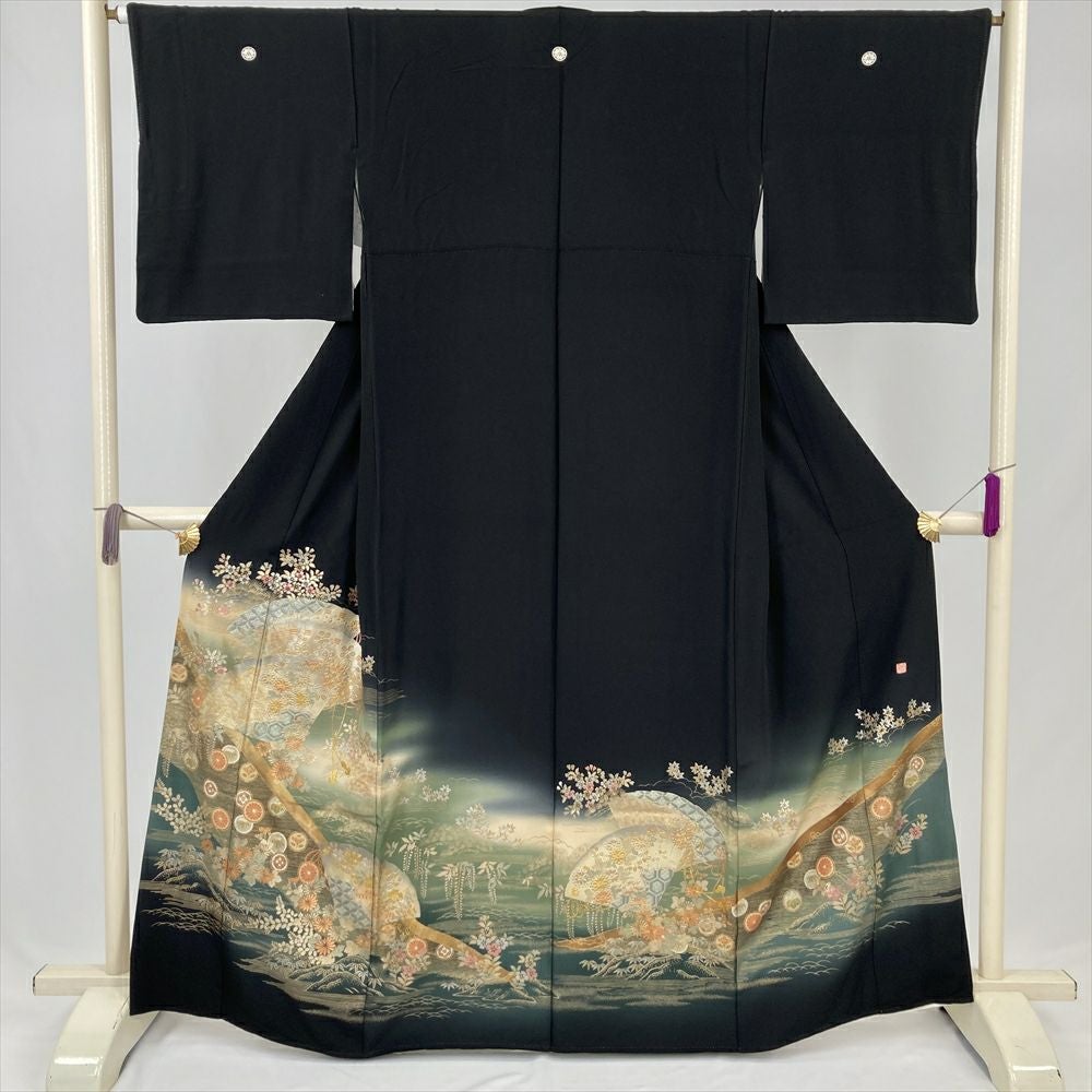 中古）黒留袖 黒 フォーマル 金駒刺繍 金彩 大名行列図 五つ紋 落款 袷