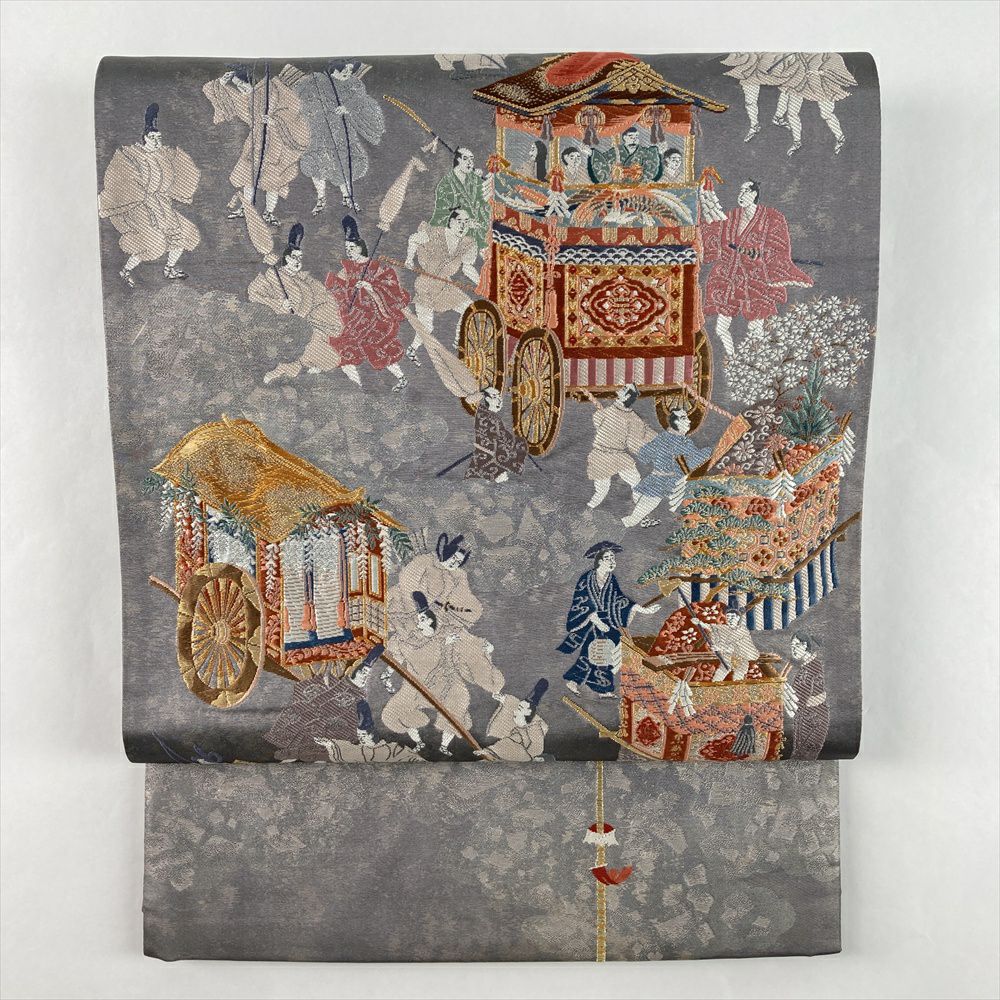 中古）京袋帯 グレー カジュアル セミフォーマル 六通 引き箔 平安絵巻