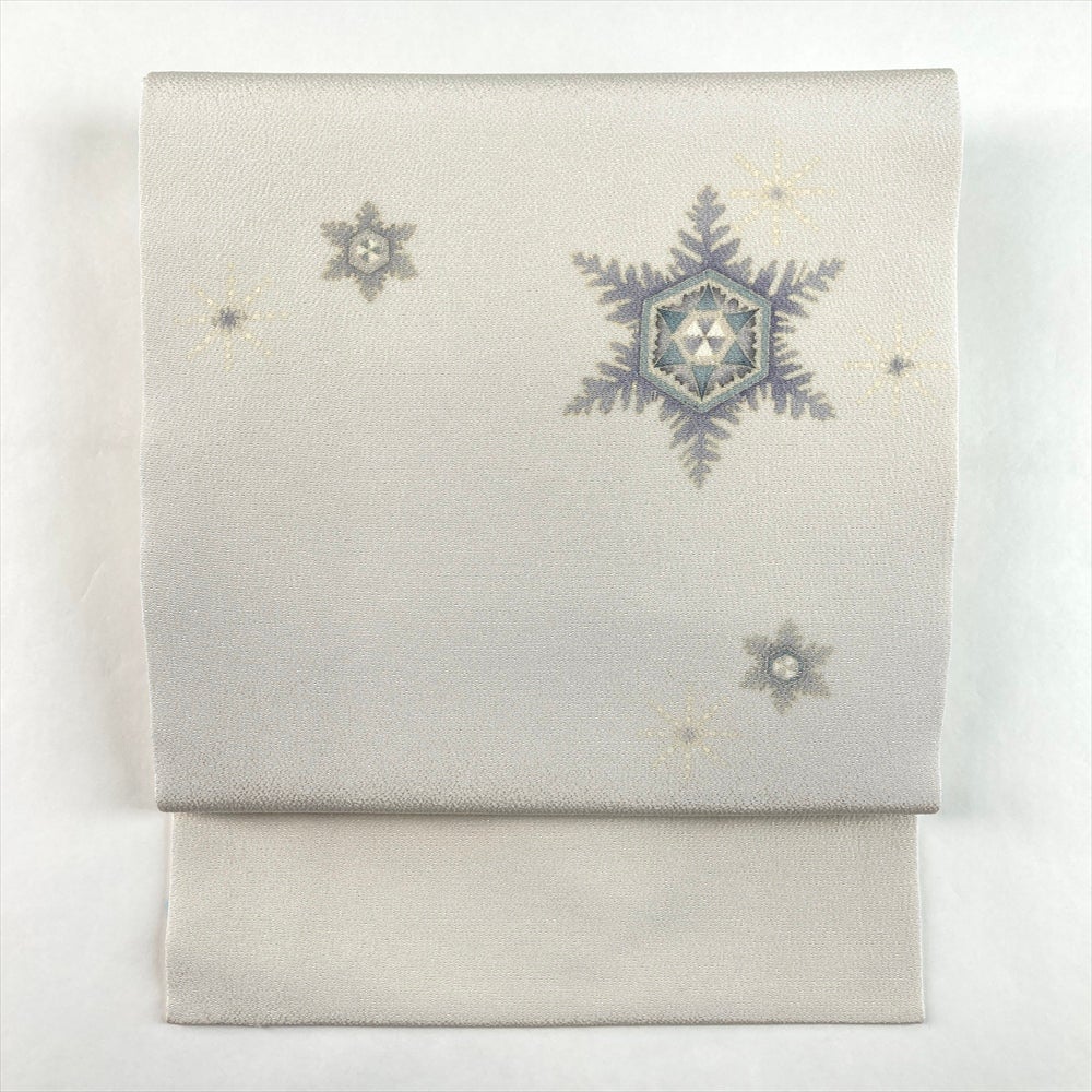 中古）名古屋帯 白 カジュアル 名古屋仕立て 手描き 雪の結晶 絹