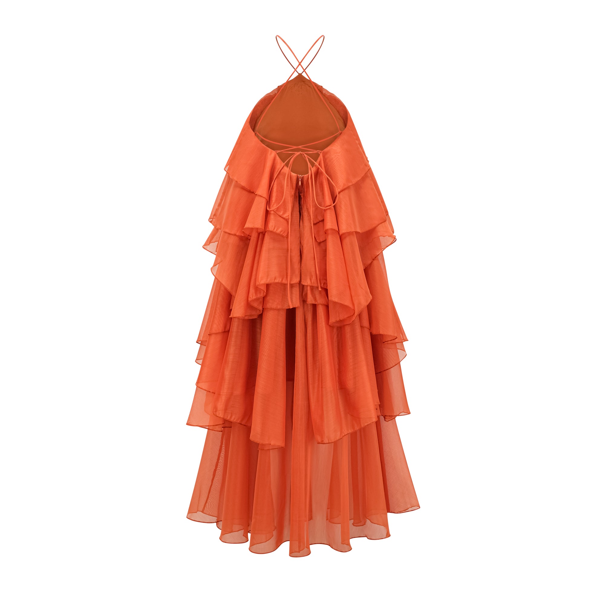 Carrie orange halterneck flounced maxi dress