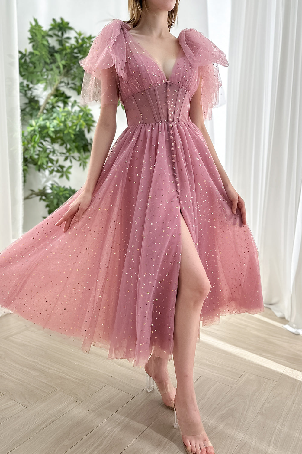 MissJophiel Infinity Corset Star Tulle Midi Dress with Mid Slit