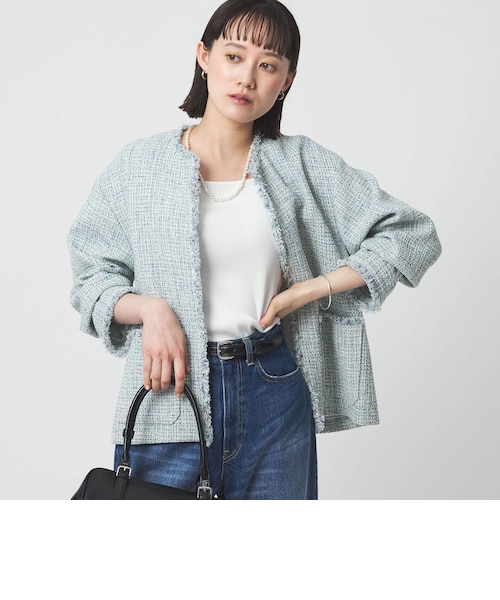 size SHORTあり］ミックス ツイードライク ポケット ノーカラー