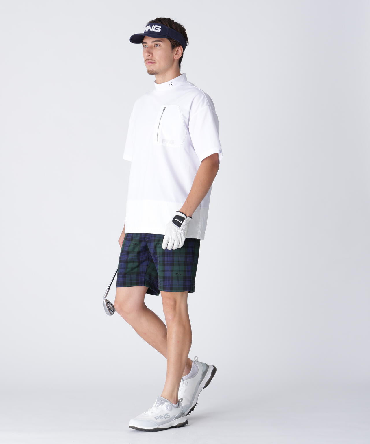 PING APPAREL】全方向ストレッチブラックウォッチショートパンツ